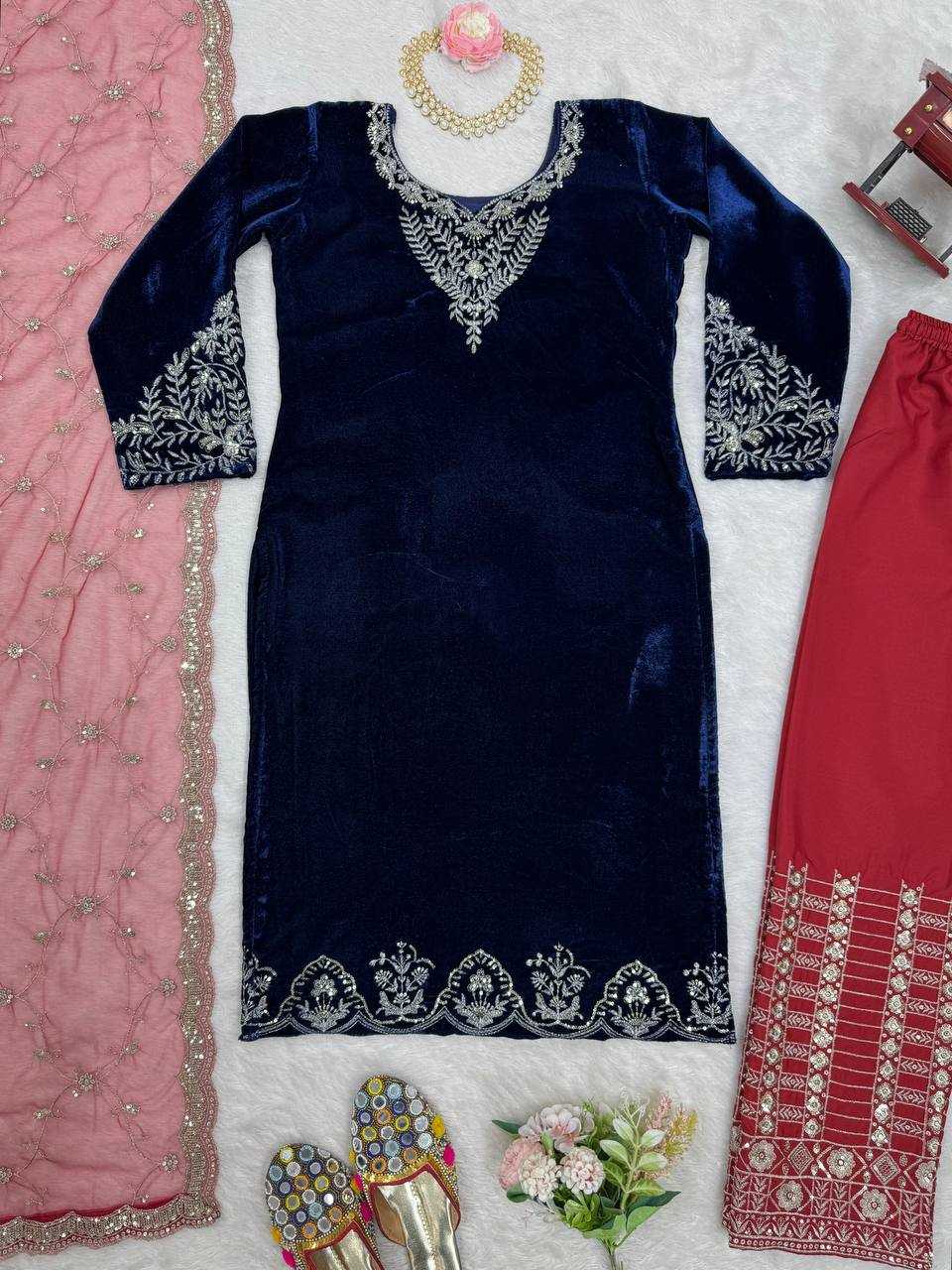 YNF VELVET RIN169 5777 SUITS & DRESSES WHOLESALE PARTY WEAR EMBROIDEREY BLUE SALWAR VELVET SUITS MANUFACTURE