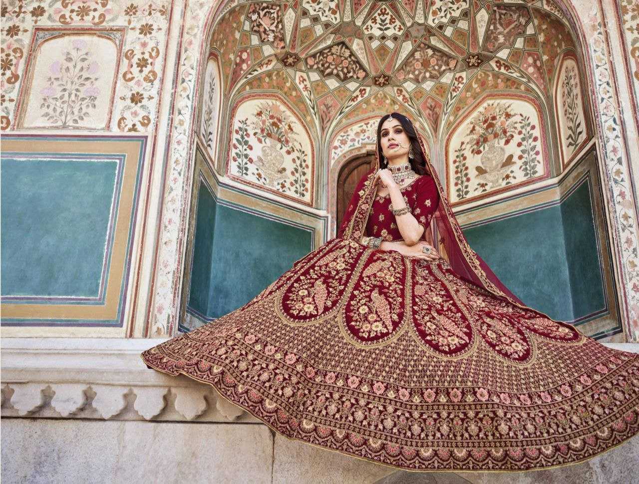 YNF VELVET RIN195 BRIDAL LOOK 2089 LEHENGAS WHOLESALE BRIDAL EMBROIDERED DESIGNER VELVET ZARI WORK LEHENGAS MANUFACTURER