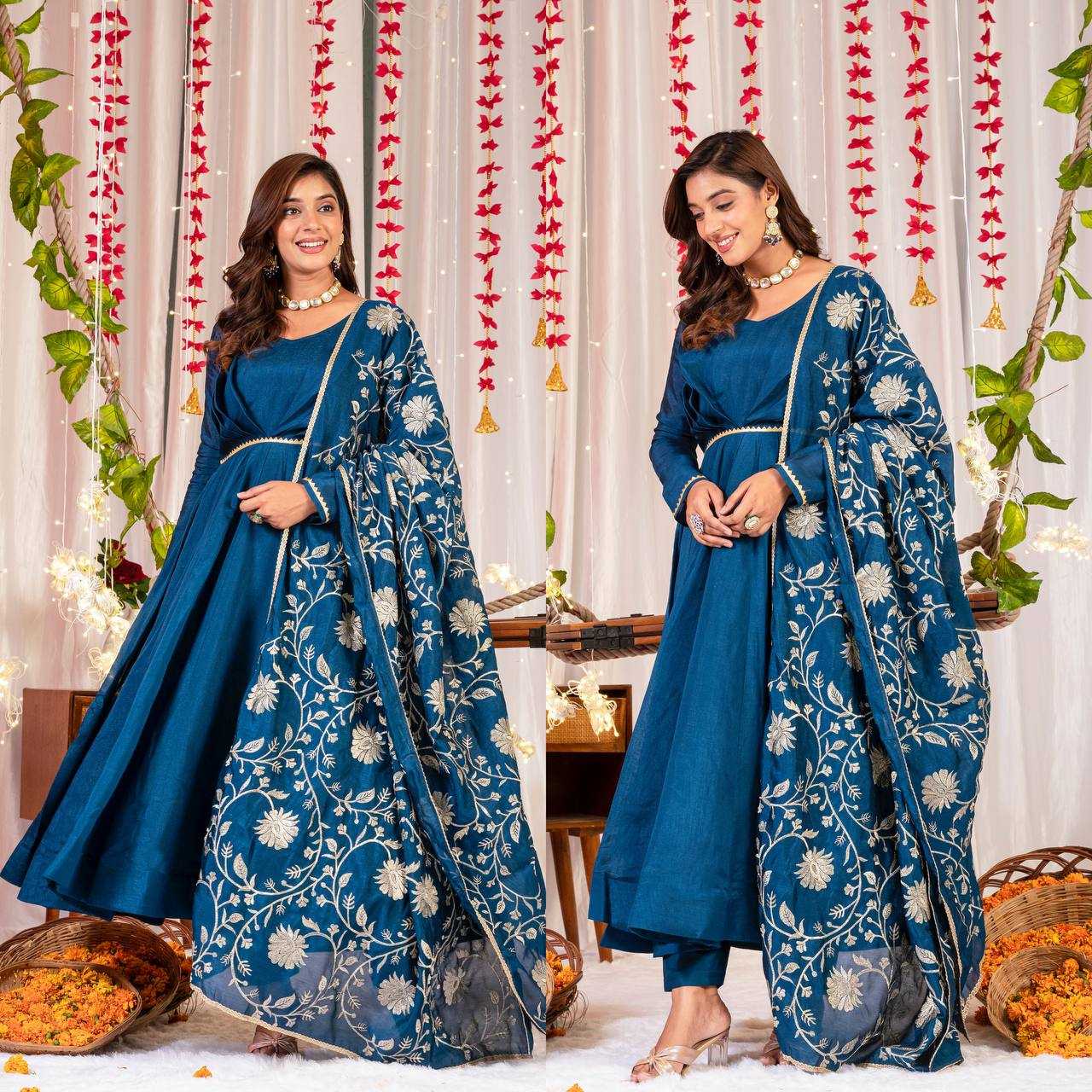 YNF VICHITRA SILK KESH144 1230 GOWNS WHOLESALE ANARKALI SILK FULL SLEEVE BLUE GOWNS MANUFACTURER