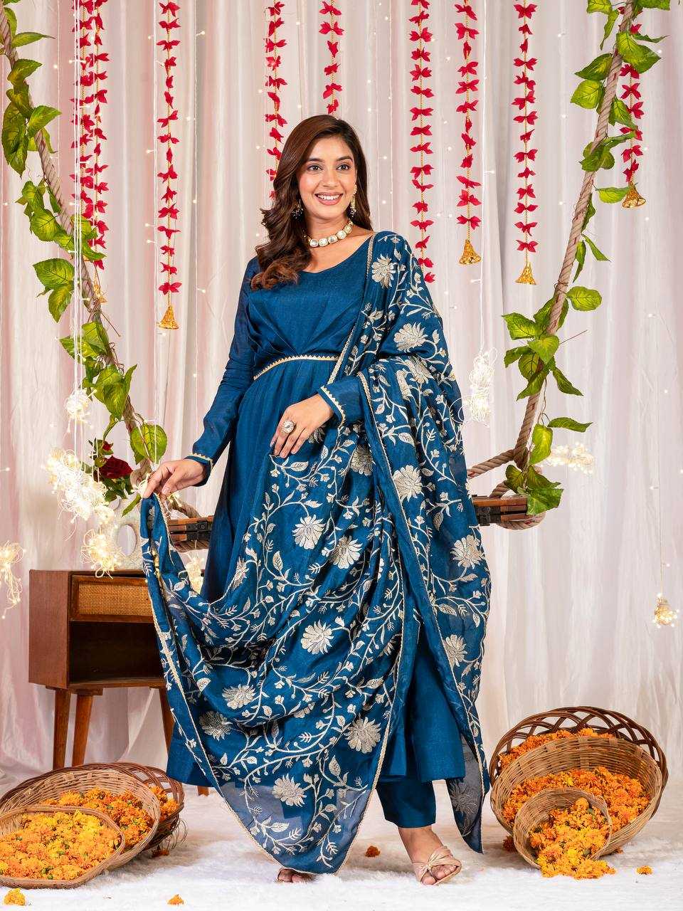 YNF VICHITRA SILK KESH144 1230 GOWNS WHOLESALE ANARKALI SILK FULL SLEEVE BLUE GOWNS MANUFACTURER