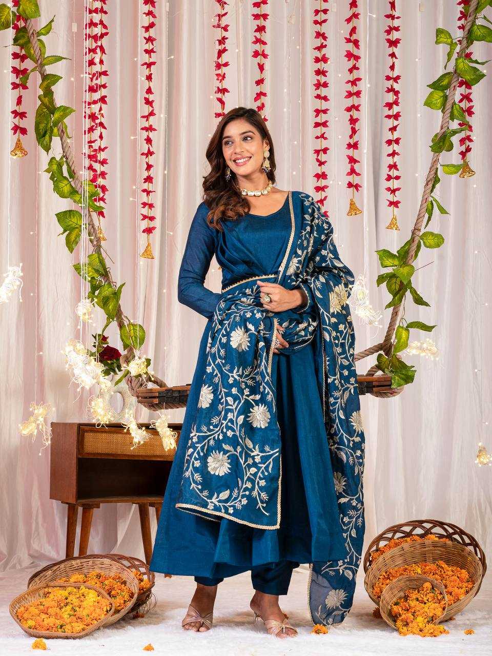 YNF VICHITRA SILK KESH144 1230 GOWNS WHOLESALE ANARKALI SILK FULL SLEEVE BLUE GOWNS MANUFACTURER