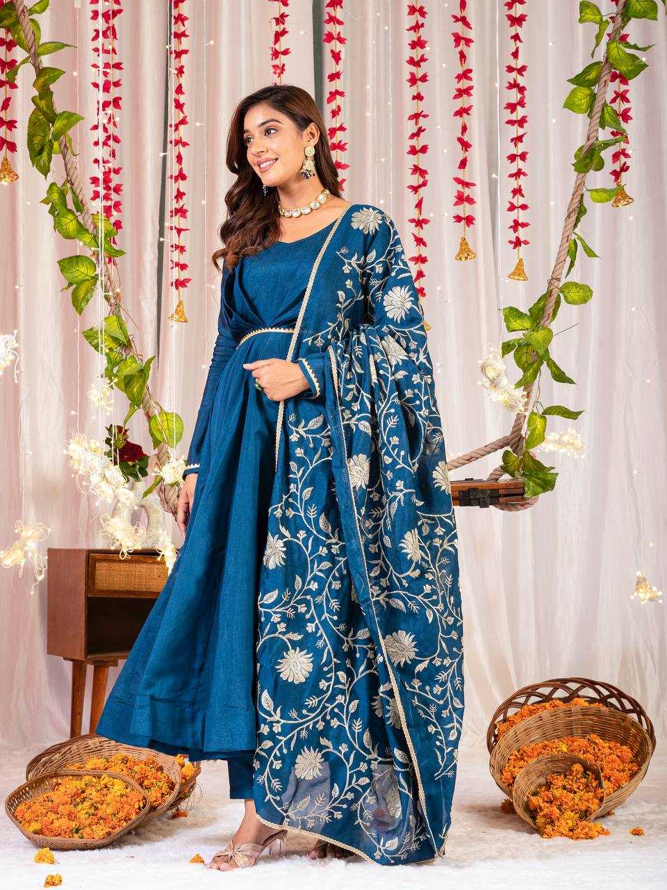 YNF VICHITRA SILK KESH144 1230 GOWNS WHOLESALE ANARKALI SILK FULL SLEEVE BLUE GOWNS MANUFACTURER