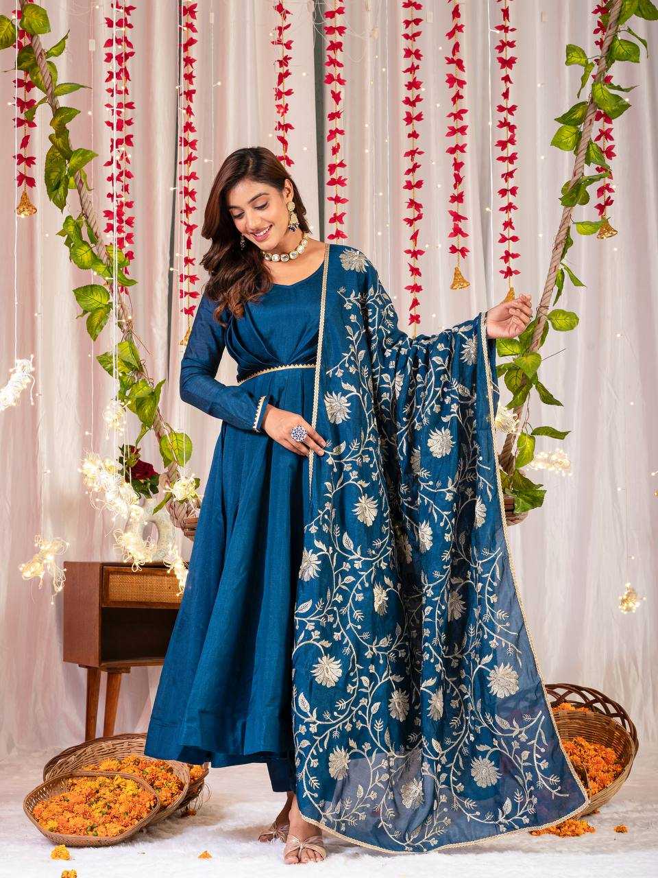 YNF VICHITRA SILK KESH144 1230 GOWNS WHOLESALE ANARKALI SILK FULL SLEEVE BLUE GOWNS MANUFACTURER