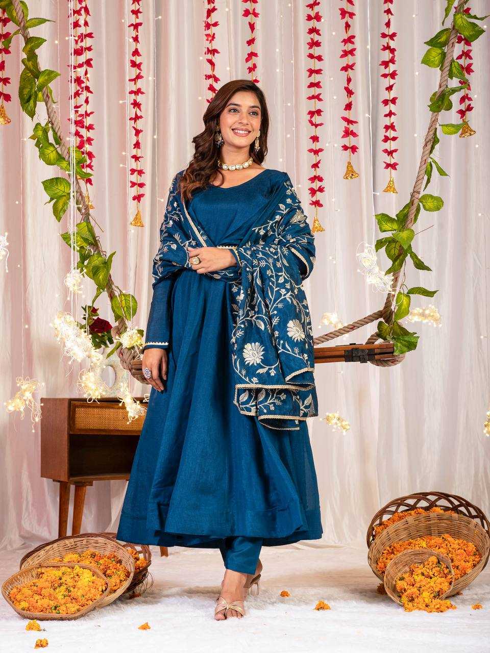 YNF VICHITRA SILK KESH144 1230 GOWNS WHOLESALE ANARKALI SILK FULL SLEEVE BLUE GOWNS MANUFACTURER