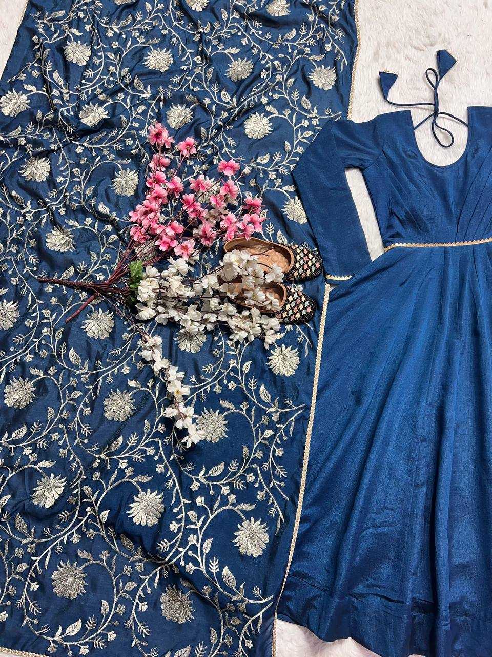 YNF VICHITRA SILK KESH144 1230 GOWNS WHOLESALE ANARKALI SILK FULL SLEEVE BLUE GOWNS MANUFACTURER