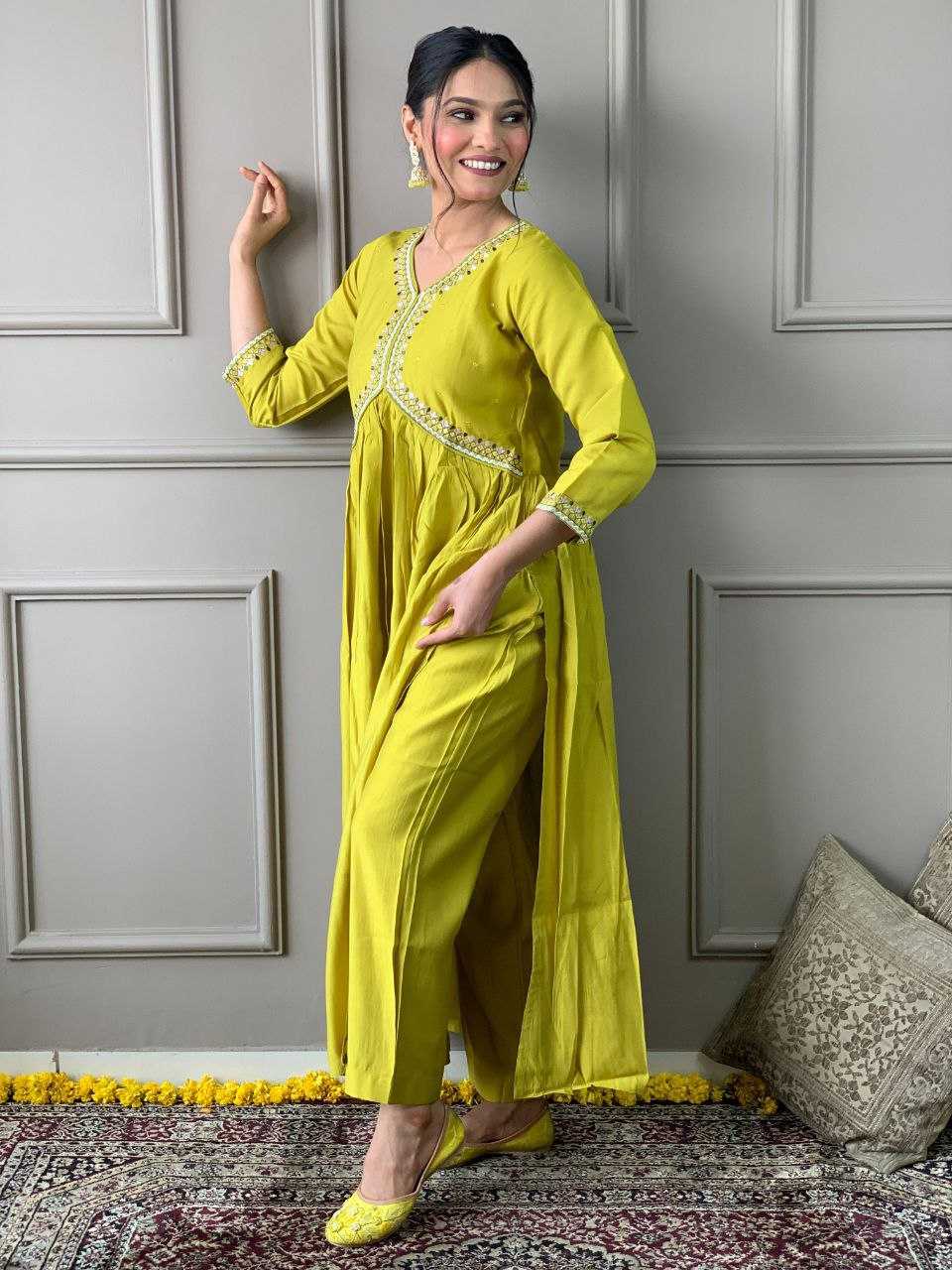 YNF VISCOSE CHANDERI KESH214 276 SUITS & DRESSES WHOLESALE ALIA CUT CHANDERI HALDI OUTFITS SUITS MANUFACTURE