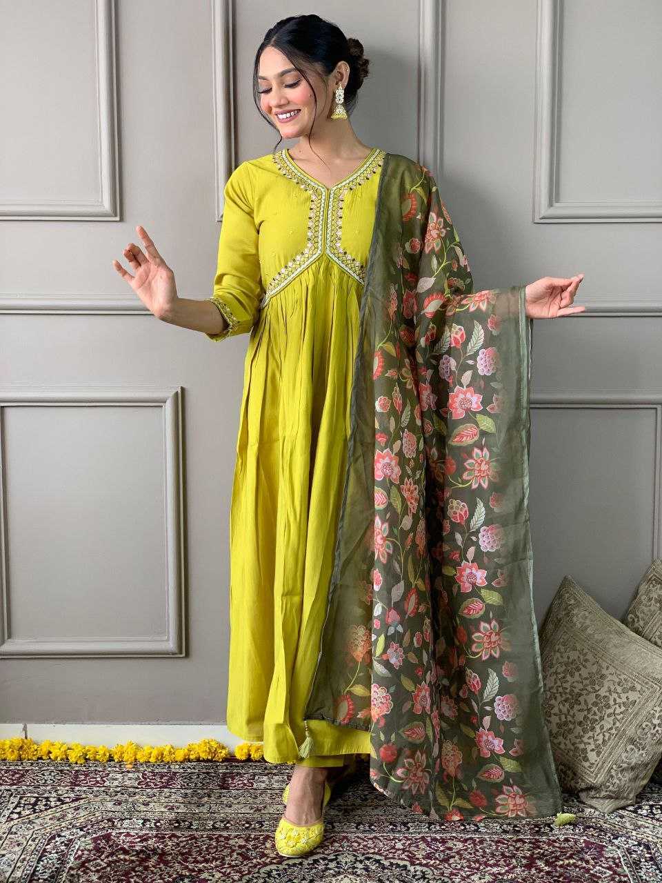 YNF VISCOSE CHANDERI KESH214 276 SUITS & DRESSES WHOLESALE ALIA CUT CHANDERI HALDI OUTFITS SUITS MANUFACTURE