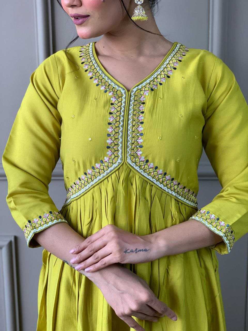 YNF VISCOSE CHANDERI KESH214 276 SUITS & DRESSES WHOLESALE ALIA CUT CHANDERI HALDI OUTFITS SUITS MANUFACTURE