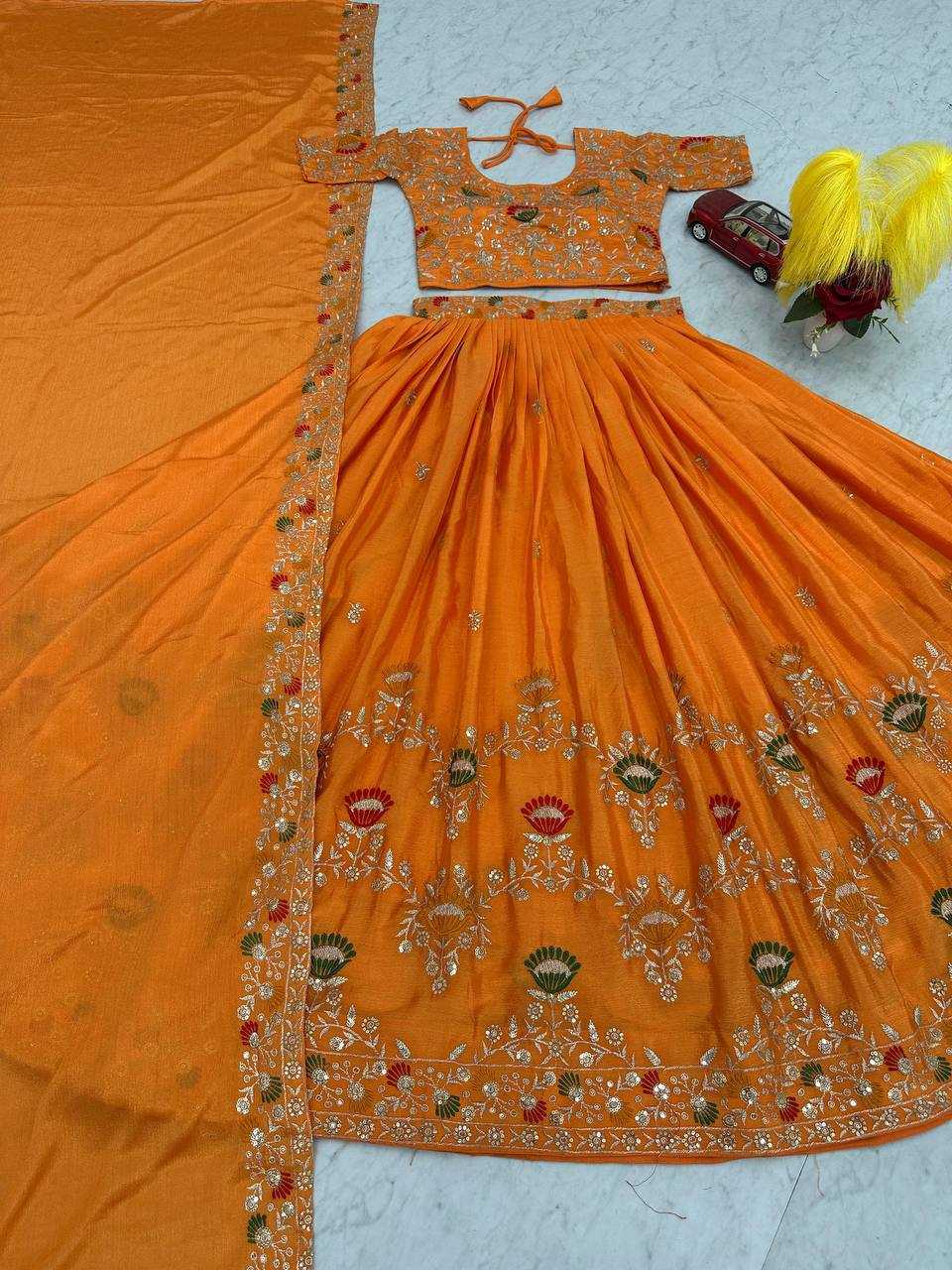 YNF CHINON KESH120 214 LAHENGAS  WHOLESALE EMBROIDERED SEQUINS THREAD WORK LAHENGAS MANUFACTURER