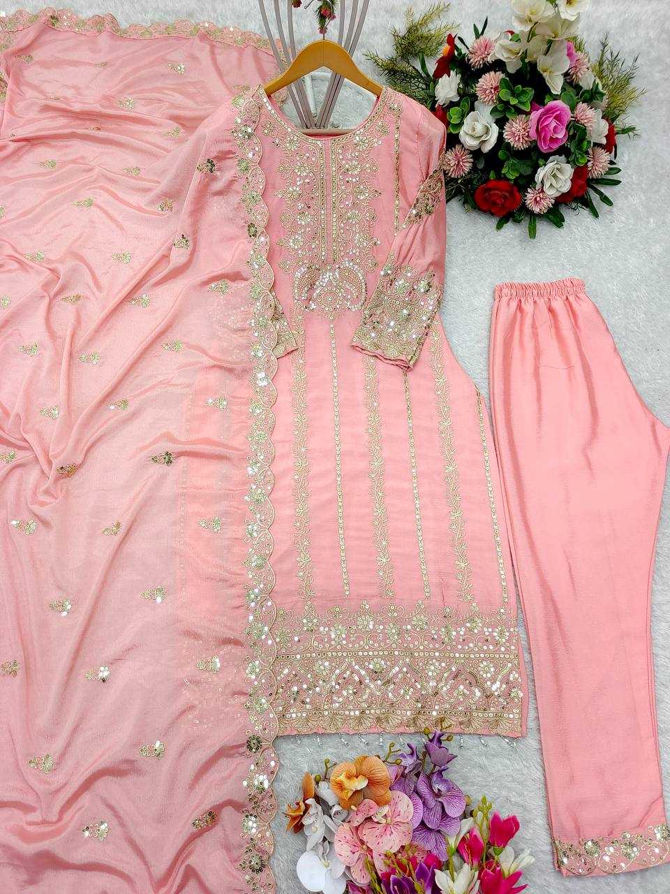 YNF CHINON SILK KESH156 1146 SUIT WHOLESALE EMBROIDERED SILK LAIDES SUIT MANUFACTURER