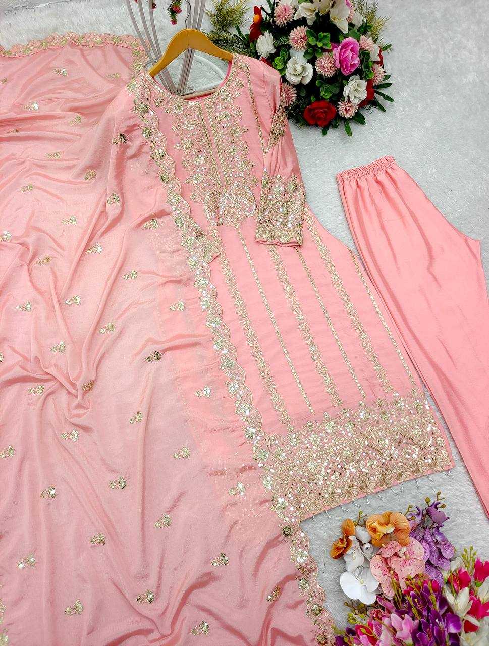 YNF CHINON SILK KESH156 1146 SUIT WHOLESALE EMBROIDERED SILK LAIDES SUIT MANUFACTURER