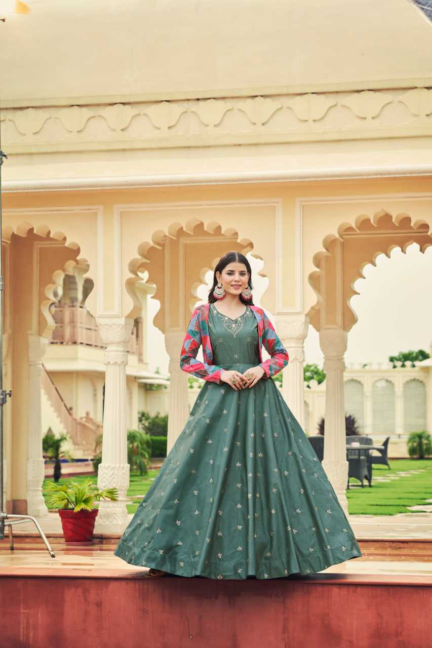 Ynf Crepe KESH417 4762 Gowns Wholesale Embroidery Gowns Long Gowns Green Gown Manufacturer