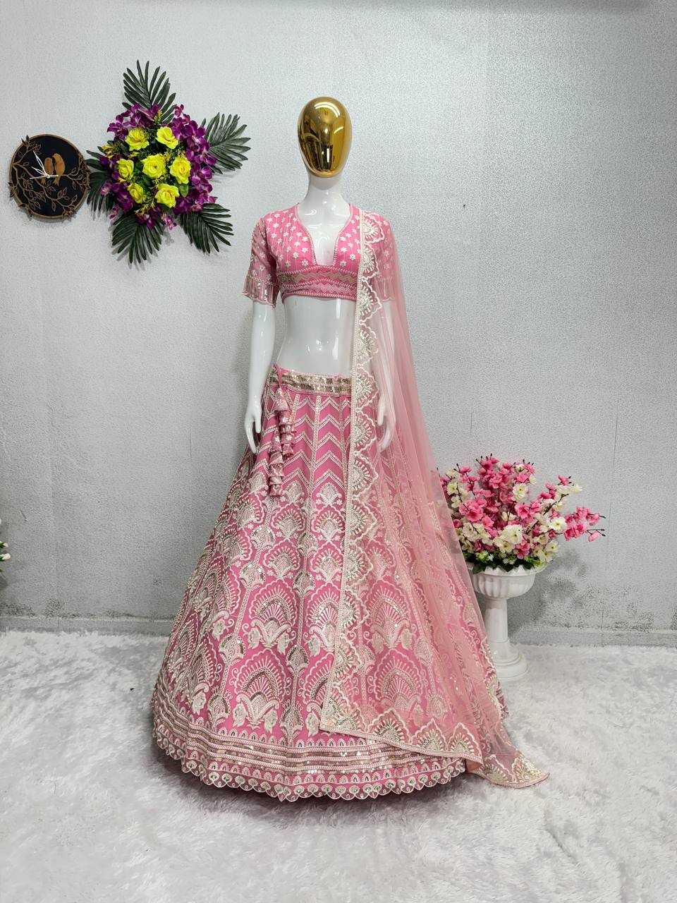 YNF FAUX GEORGETTE KESH138 1000 WHOLESALE GEORGETTE EMBROIDERED LEHENGAS WITH CANCAN MANUFACTURER 