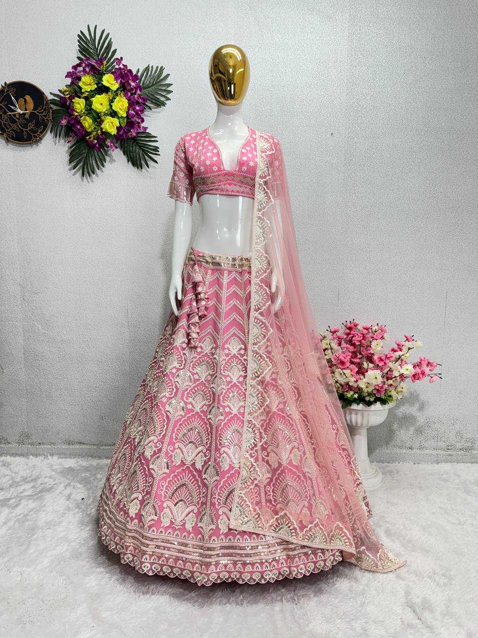 YNF FAUX GEORGETTE KESH138 1000 WHOLESALE GEORGETTE EMBROIDERED LEHENGAS WITH CANCAN MANUFACTURER 