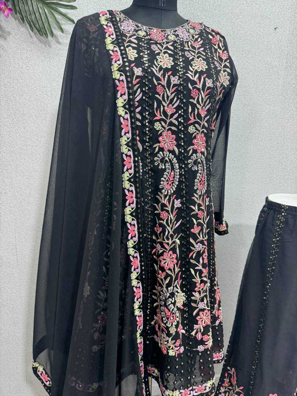 YNF FAUX GEORGETTE KESH138 1010 SUITS & DRESSES WHOLESALE BLACK GEORGETTE EMBROIDERED PALAZZO SUIT MANUFACTURER 