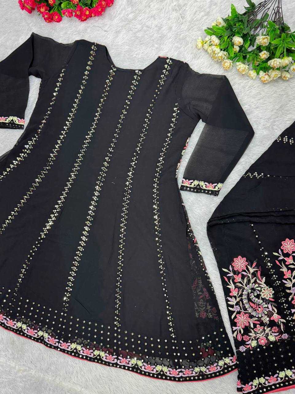 YNF FAUX GEORGETTE KESH138 1010 SUITS & DRESSES WHOLESALE BLACK GEORGETTE EMBROIDERED PALAZZO SUIT MANUFACTURER 