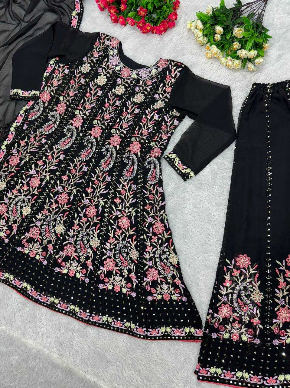 YNF FAUX GEORGETTE KESH138 1010 SUITS & DRESSES WHOLESALE BLACK GEORGETTE EMBROIDERED PALAZZO SUIT MANUFACTURER 