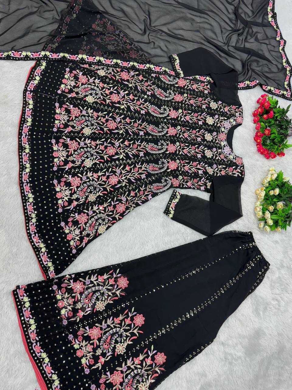 YNF FAUX GEORGETTE KESH138 1010 SUITS & DRESSES WHOLESALE BLACK GEORGETTE EMBROIDERED PALAZZO SUIT MANUFACTURER 