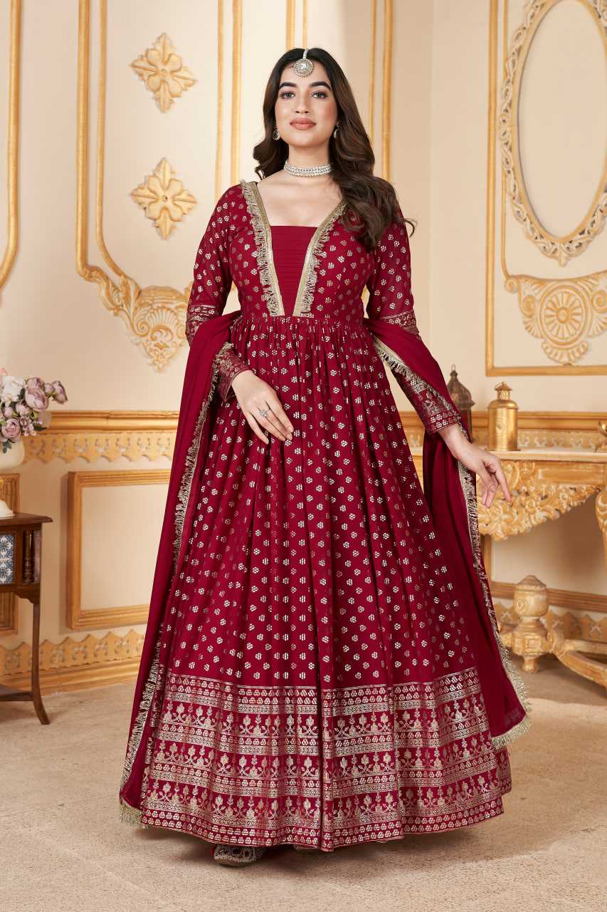 Ynf Faux Georgette KESH417 5011 Gowns Wholesale Long Gowns Georgette Gown Red Gown Manufacturer