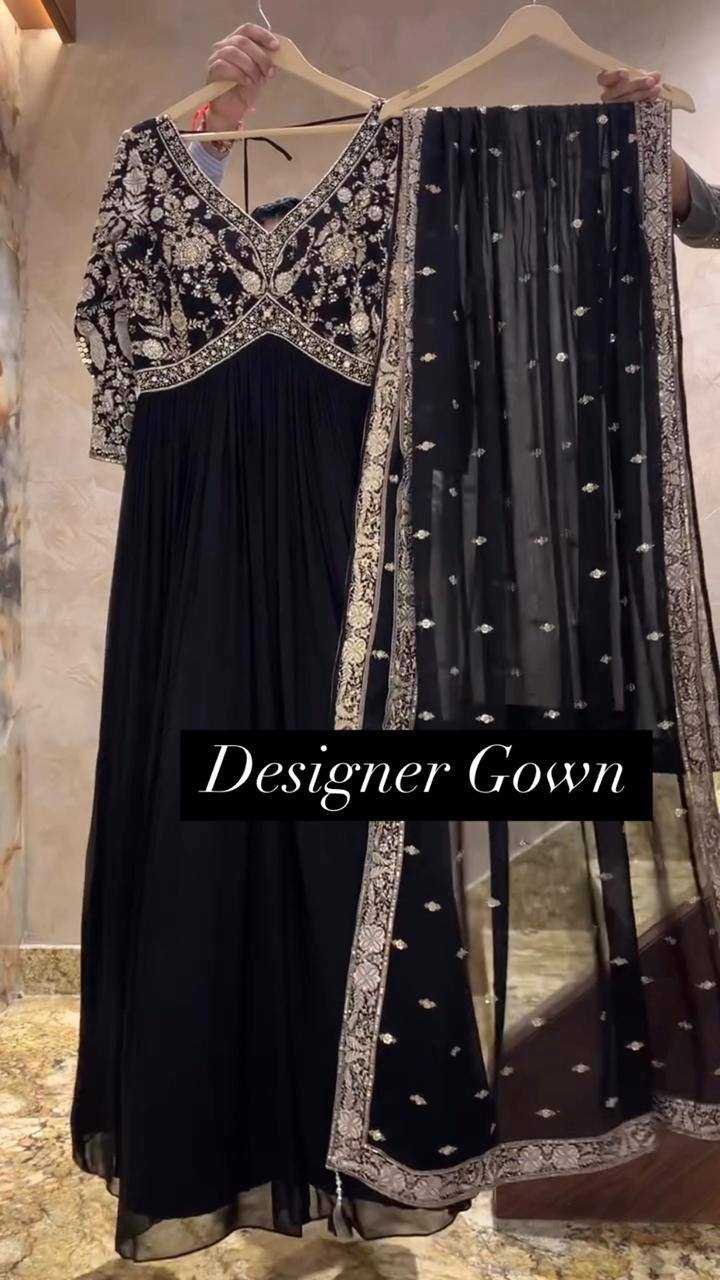 Ynf Faux Georgette RIN133 1493 Gowns Wholesale Georgette Gown Designer Gowns Black Gown Manufacturer