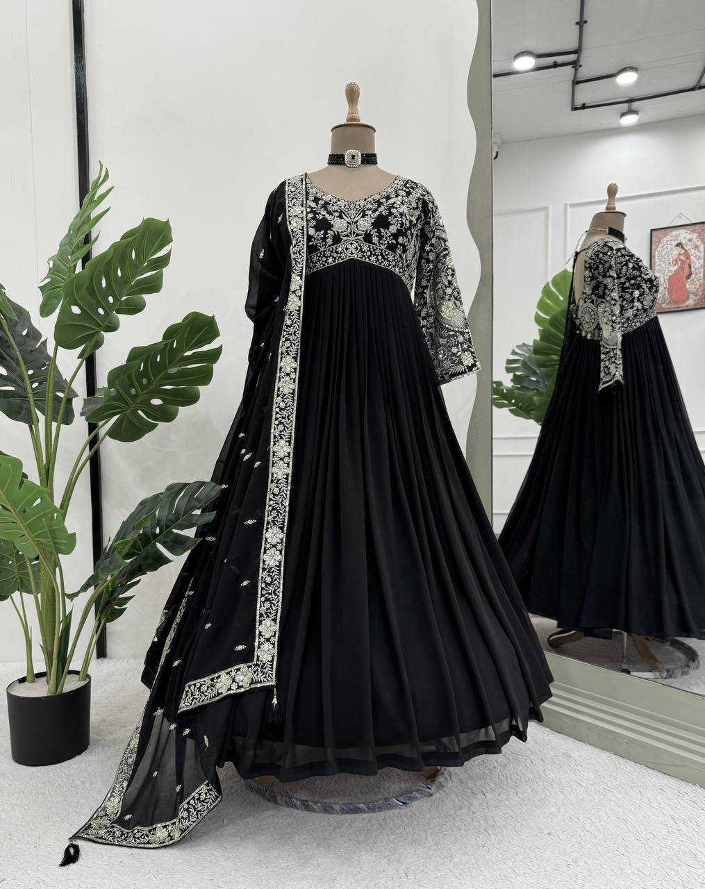 Ynf Faux Georgette RIN133 1493 Gowns Wholesale Georgette Gown Designer Gowns Black Gown Manufacturer