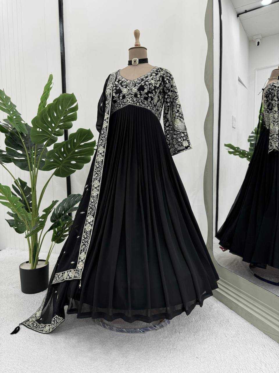 Ynf Faux Georgette RIN133 1493 Gowns Wholesale Georgette Gown Designer Gowns Black Gown Manufacturer