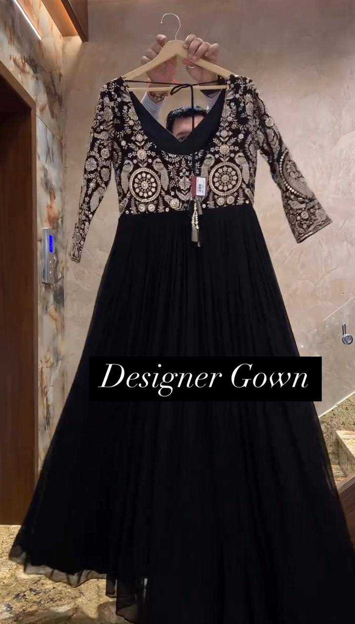 Ynf Faux Georgette RIN133 1493 Gowns Wholesale Georgette Gown Designer Gowns Black Gown Manufacturer