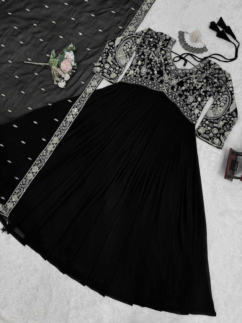 Ynf Faux Georgette RIN133 1493 Gowns Wholesale Georgette Gown Designer Gowns Black Gown Manufacturer