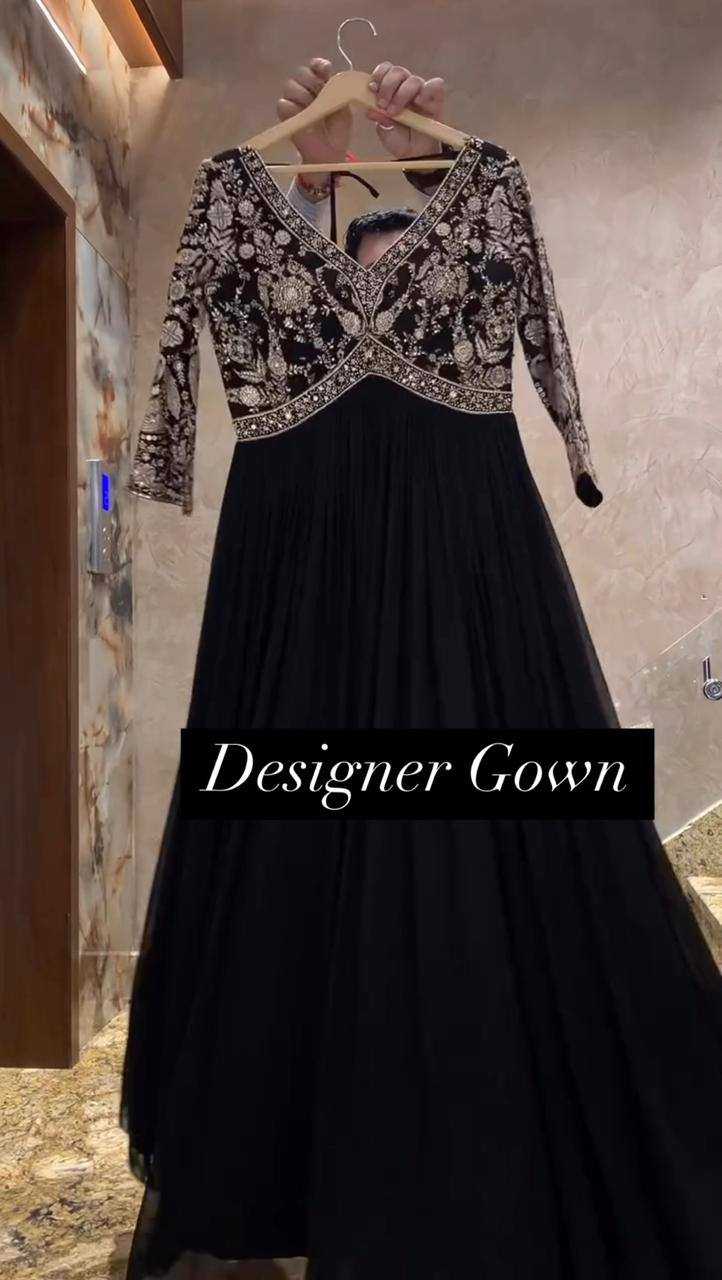 Ynf Faux Georgette RIN133 1493 Gowns Wholesale Georgette Gown Designer Gowns Black Gown Manufacturer