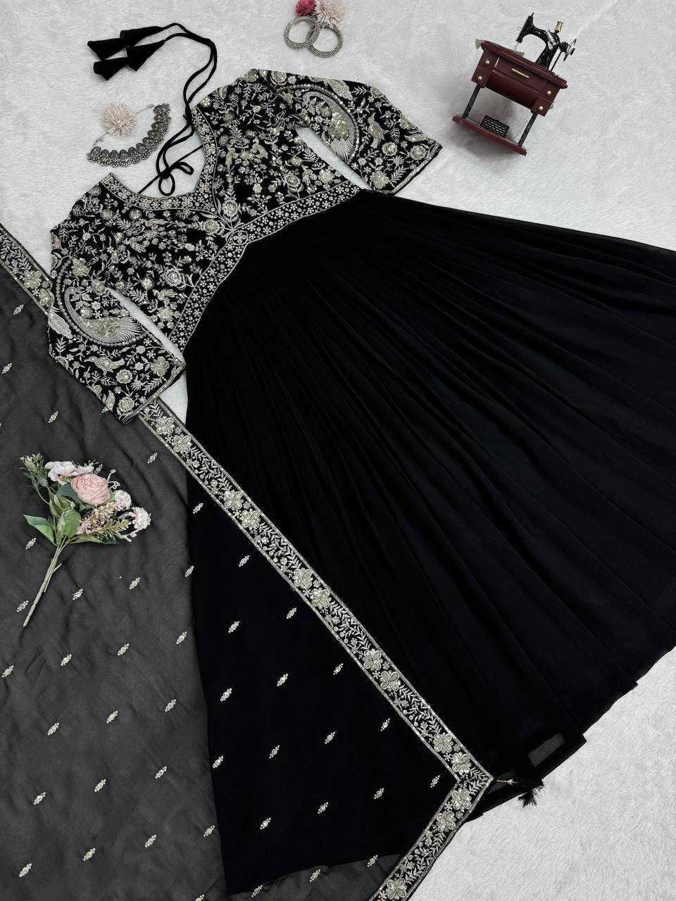 Ynf Faux Georgette RIN133 1493 Gowns Wholesale Georgette Gown Designer Gowns Black Gown Manufacturer