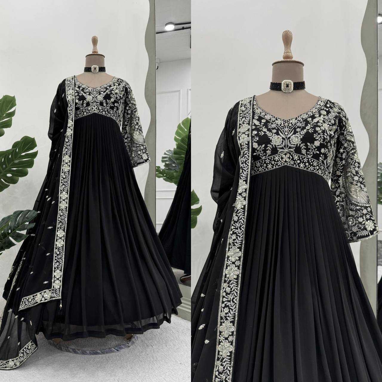 Ynf Faux Georgette RIN133 1493 Gowns Wholesale Georgette Gown Designer Gowns Black Gown Manufacturer