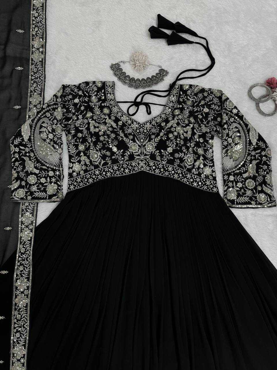 Ynf Faux Georgette RIN133 1493 Gowns Wholesale Georgette Gown Designer Gowns Black Gown Manufacturer