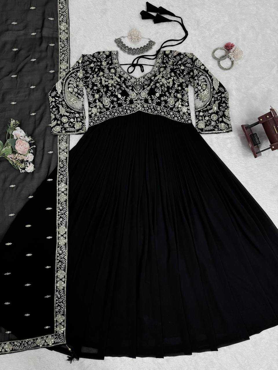 Ynf Faux Georgette RIN133 1493 Gowns Wholesale Georgette Gown Designer Gowns Black Gown Manufacturer