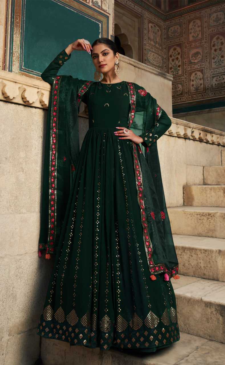 Ynf Georgette KESH417 4814 Gowns Wholesale Embroidery Gowns Georgette Gown Green Gown Manufacturer