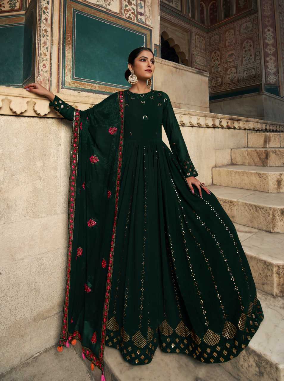 Ynf Georgette KESH417 4814 Gowns Wholesale Embroidery Gowns Georgette Gown Green Gown Manufacturer