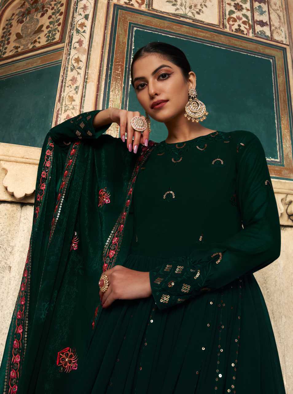 Ynf Georgette KESH417 4814 Gowns Wholesale Embroidery Gowns Georgette Gown Green Gown Manufacturer