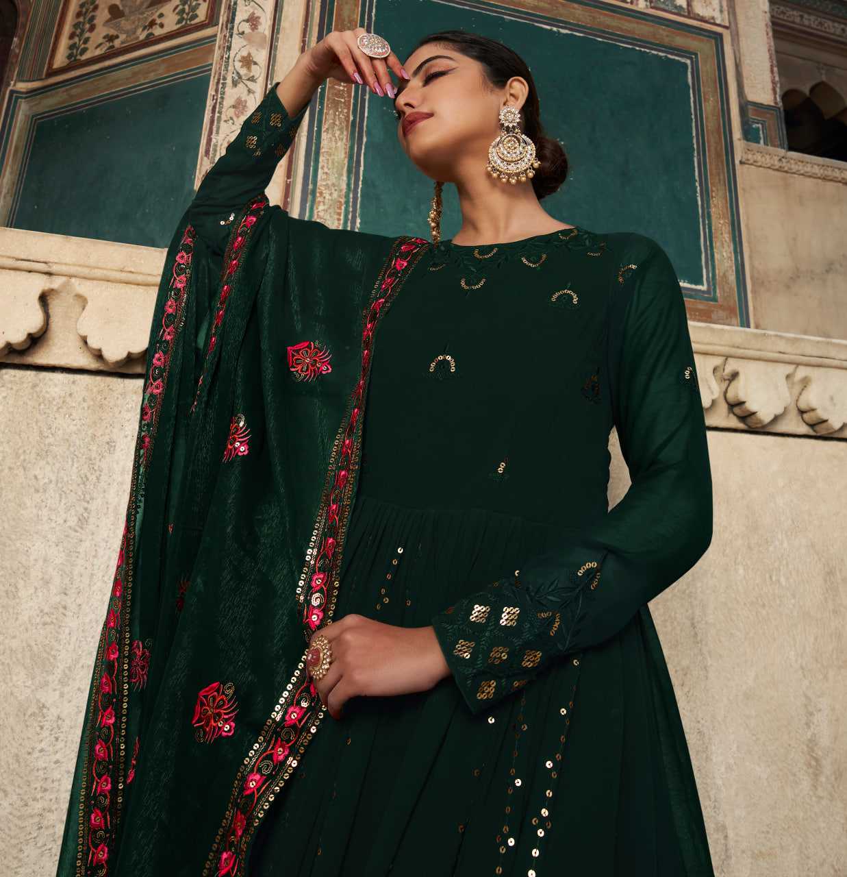 Ynf Georgette KESH417 4814 Gowns Wholesale Embroidery Gowns Georgette Gown Green Gown Manufacturer