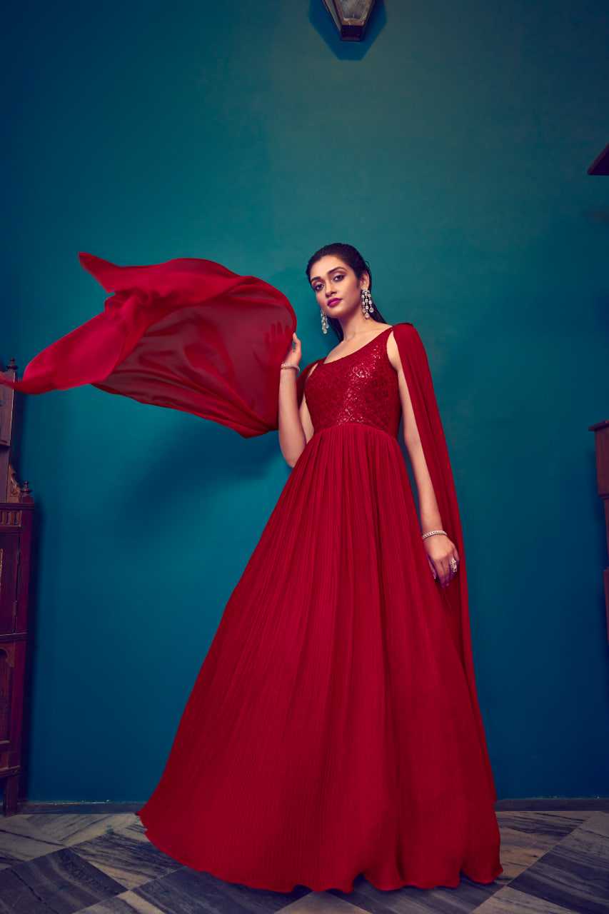 Ynf Georgette KESH417 4962 Gowns Wholesale Long Gowns Georgette Gown Red Gown Manufacturer