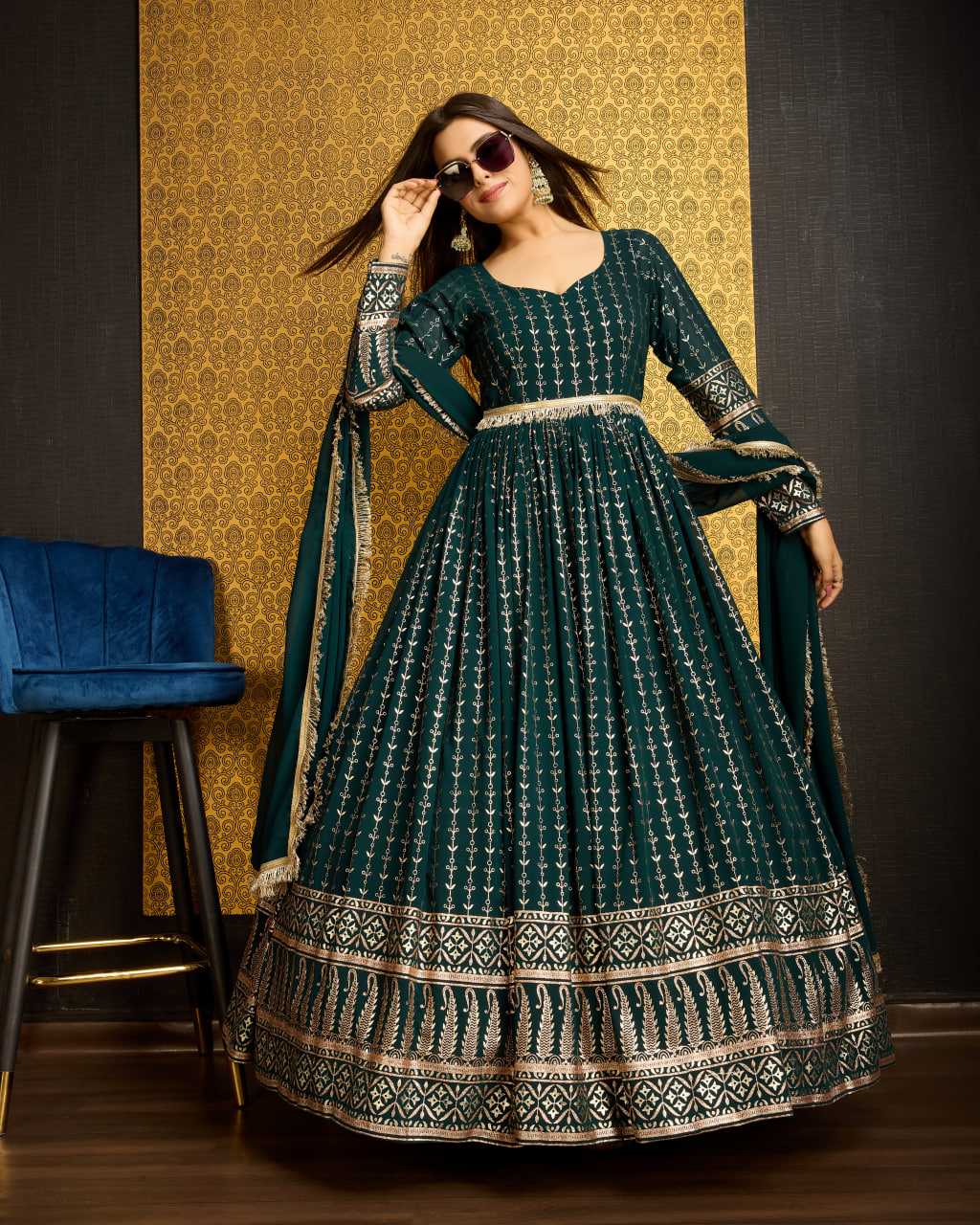 Ynf Georgette KESH417 5001 Gowns Wholesale Embroidery Gowns Georgette Gown Green Gown Manufacturer