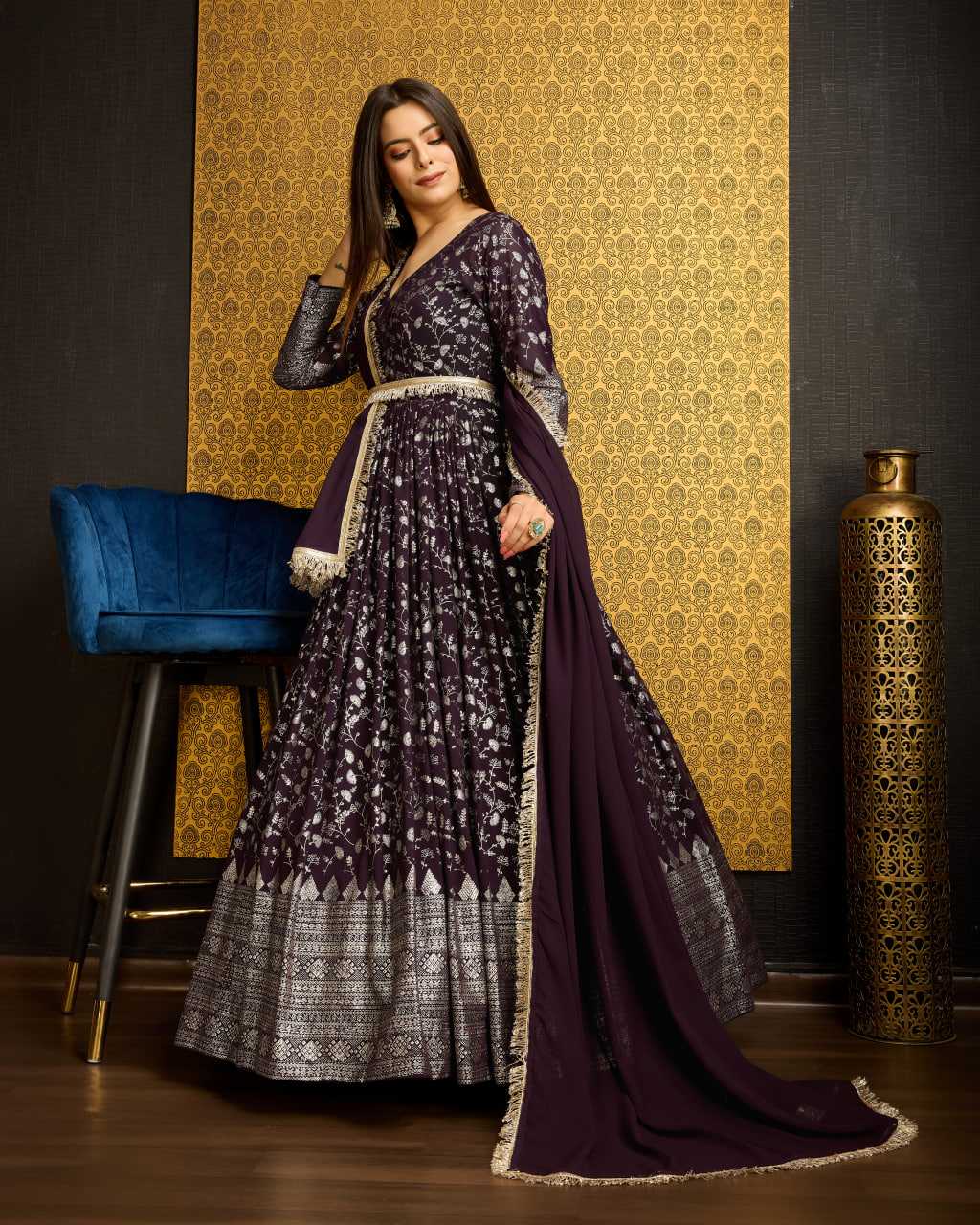 Ynf Georgette KESH417 5002 Gowns Wholesale Long Gowns Georgette Gown Purple Gown Manufacturer