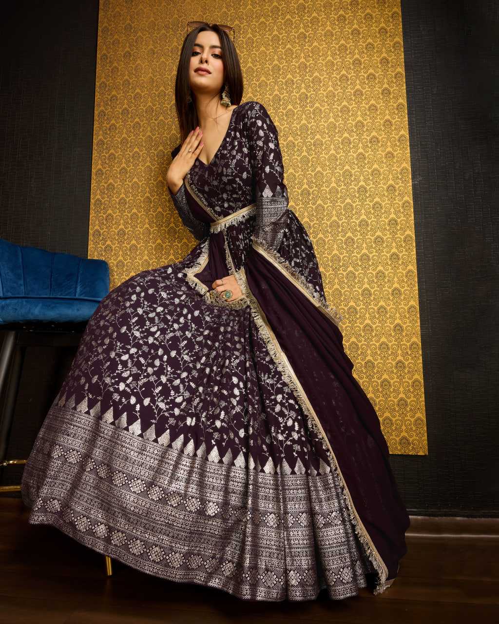 Ynf Georgette KESH417 5002 Gowns Wholesale Long Gowns Georgette Gown Purple Gown Manufacturer