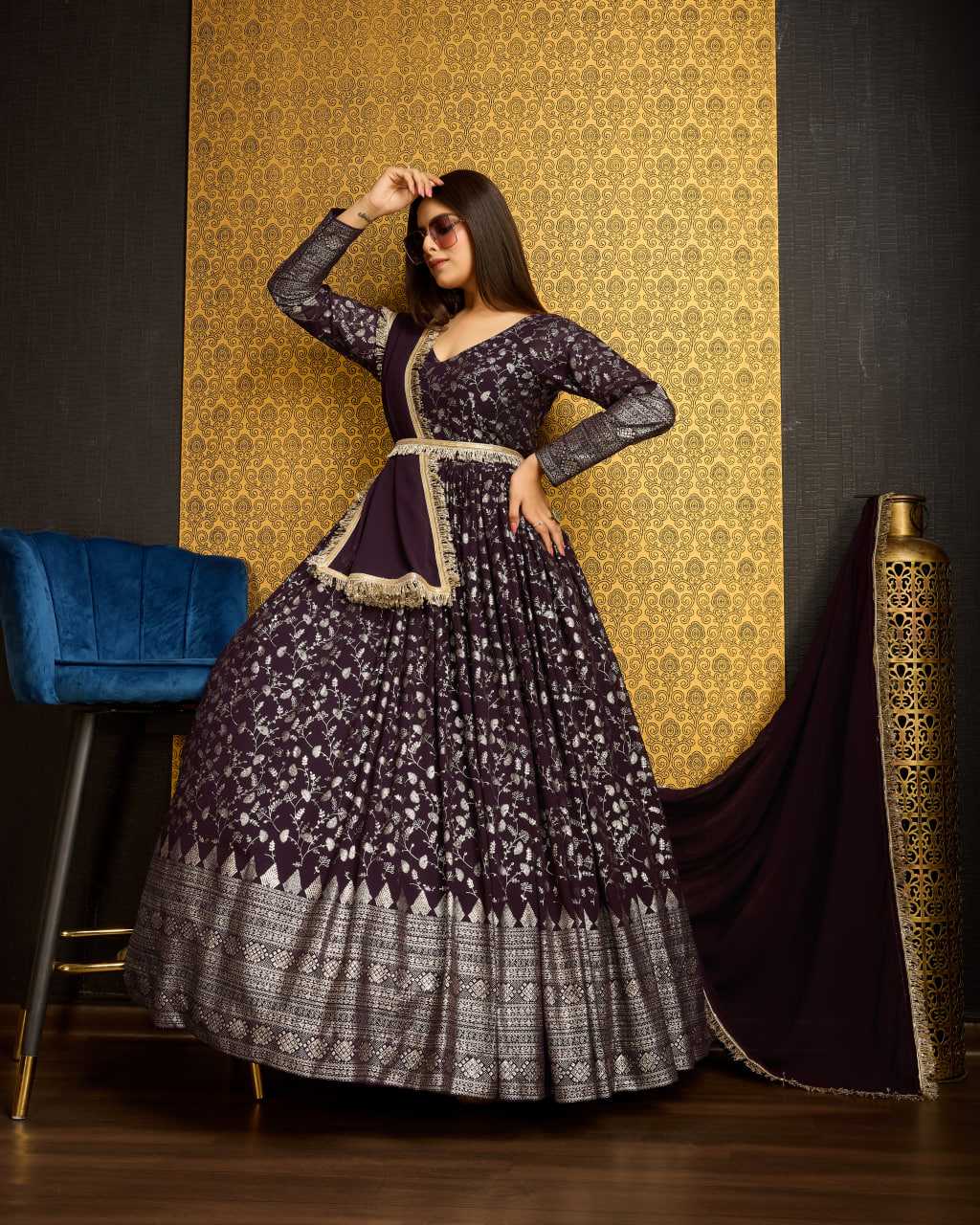 Ynf Georgette KESH417 5002 Gowns Wholesale Long Gowns Georgette Gown Purple Gown Manufacturer