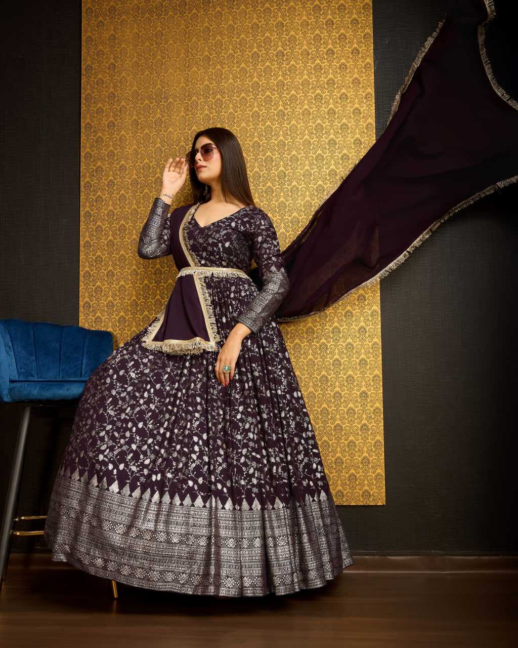 Ynf Georgette KESH417 5002 Gowns Wholesale Long Gowns Georgette Gown Purple Gown Manufacturer