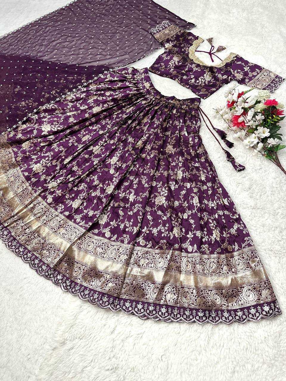 YNF JACQUARD KESH367 125 LAHENGAS WHOLESALE DESIGNER EMBROIDERED SILK LAHENGAS MANUFACTURER