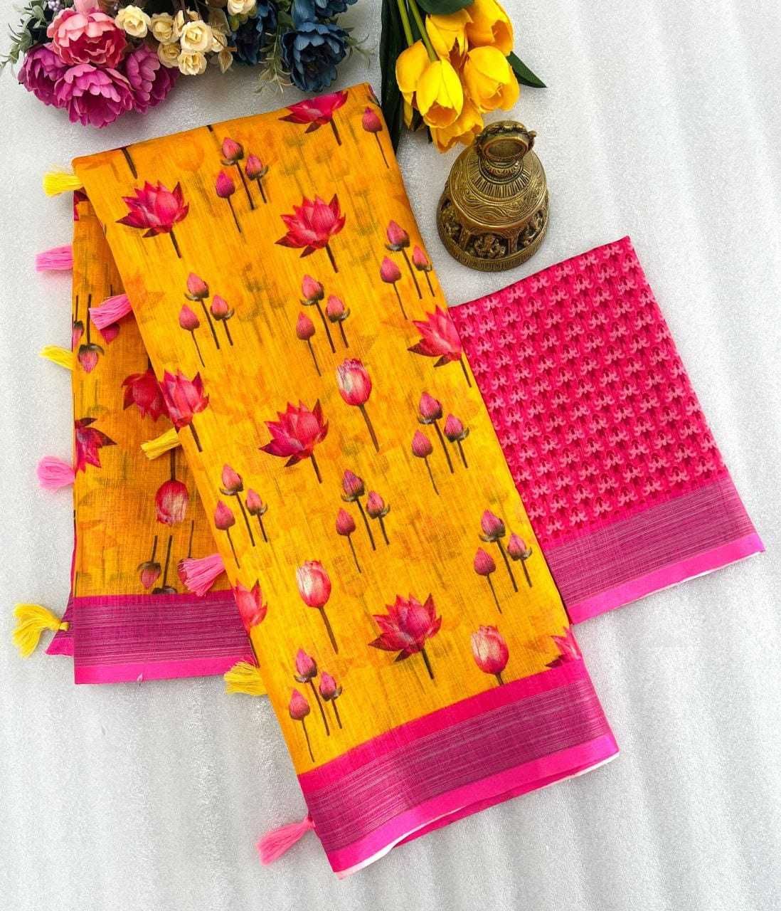 YNF LINEN KESH223 411 SAREE WHOLESALE LINEN ZARI BORDER PRINTED SAREE MANUFACTURER