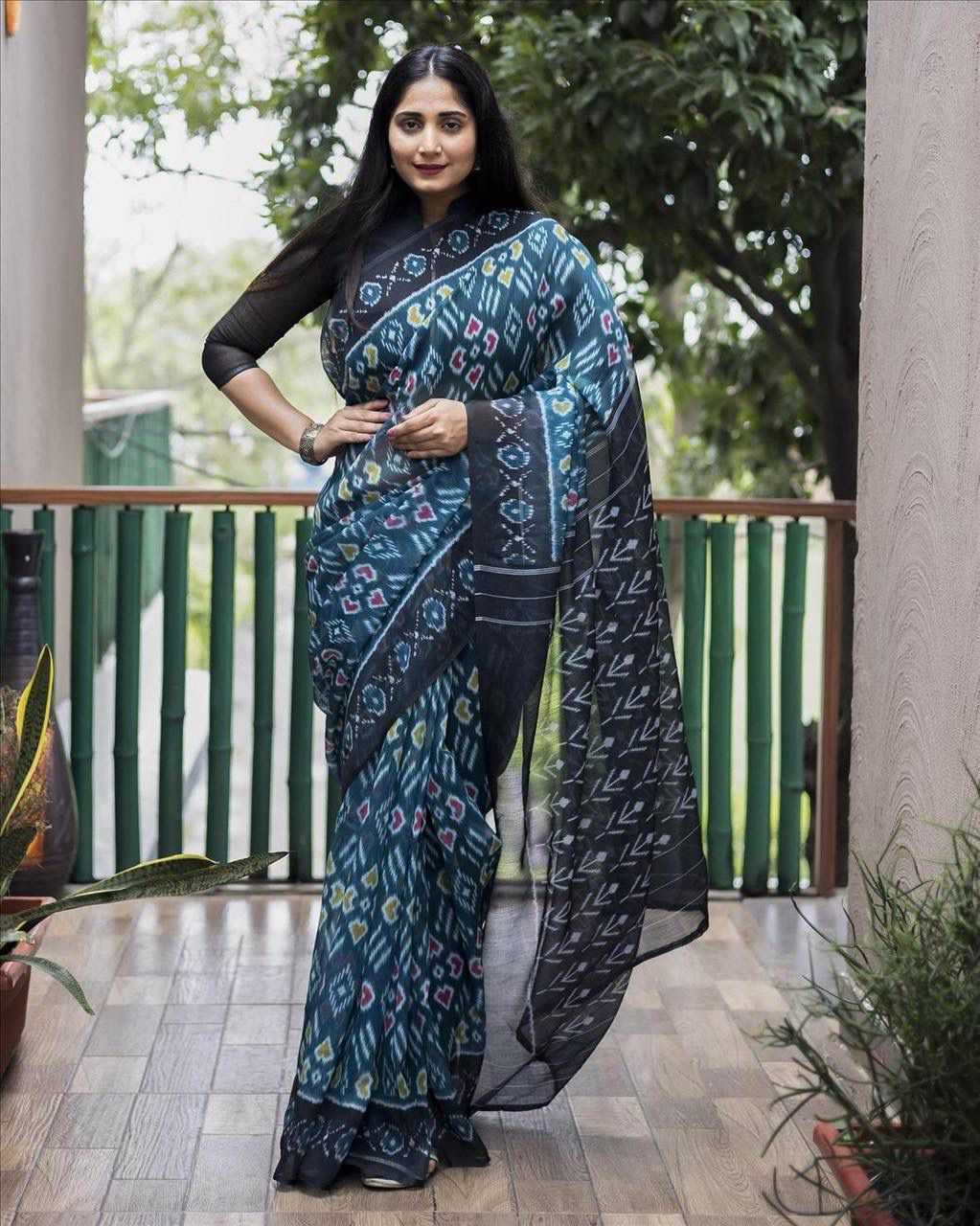 YNF LINEN RIN183 SUHANI SAREE WHOLESALE LINEN IKKAT PRINTED SAREE MANUFACTURER