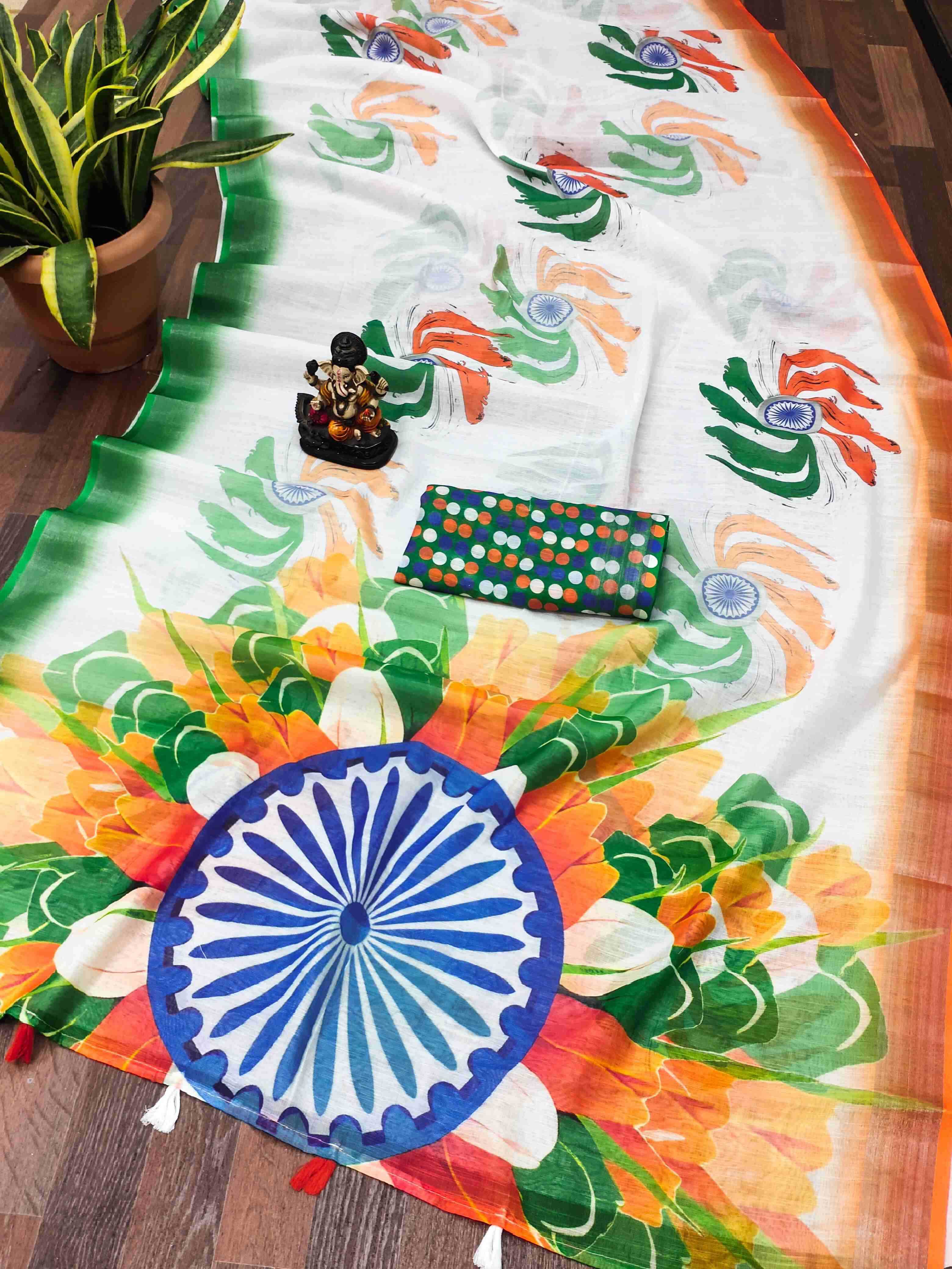 YNF LINEN RIN183 TIRANGA SAREE WHOLESALE TRADITIONAL PRINTED LINEN SAREE MANUFACTURER