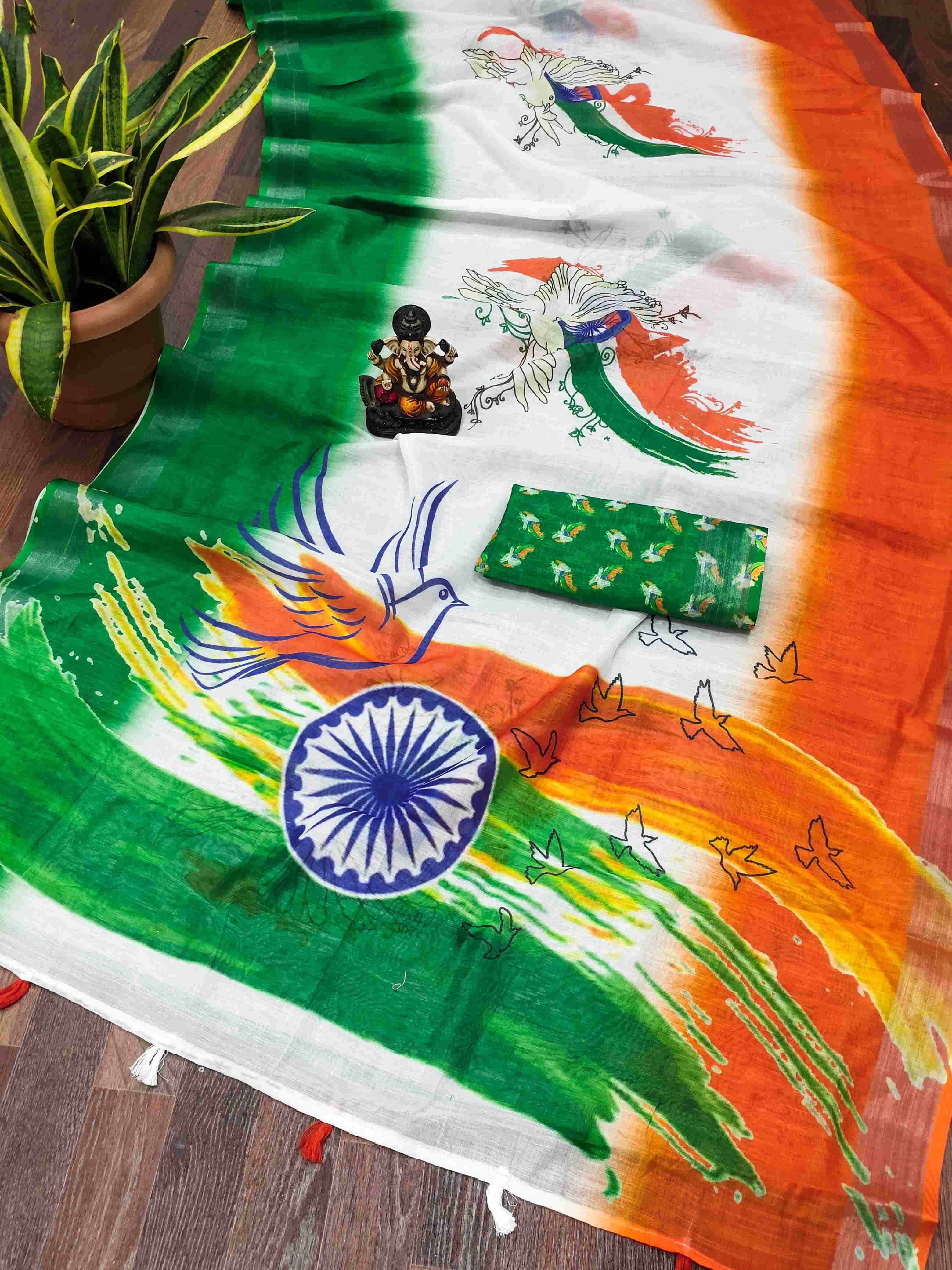 Ynf Linen RIN183 TIRANGA Sarees Festive Collections Wholesale Printed Sarees Cotton Linen Sarees Sarees With Blouse Republic Day Collections Manufacturer