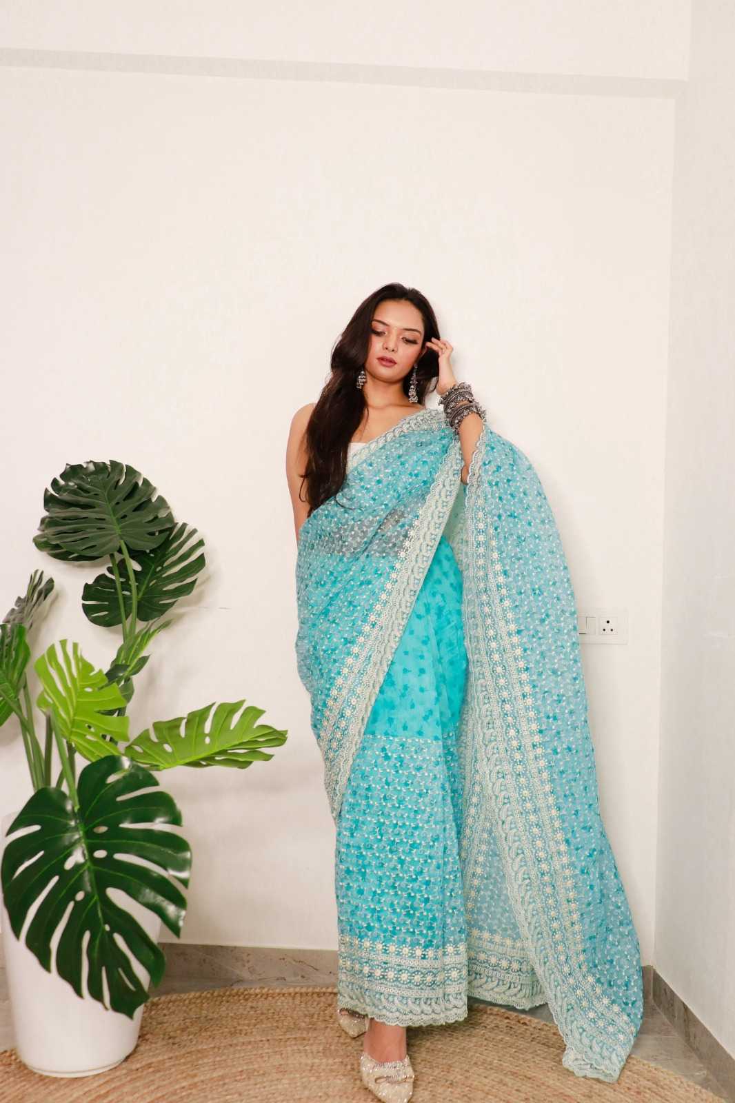 Ynf Organza RIN185 DIVYA Sarees Wholesale Organza Sarees Printed Sarees Chikan Sarees Manufacturer