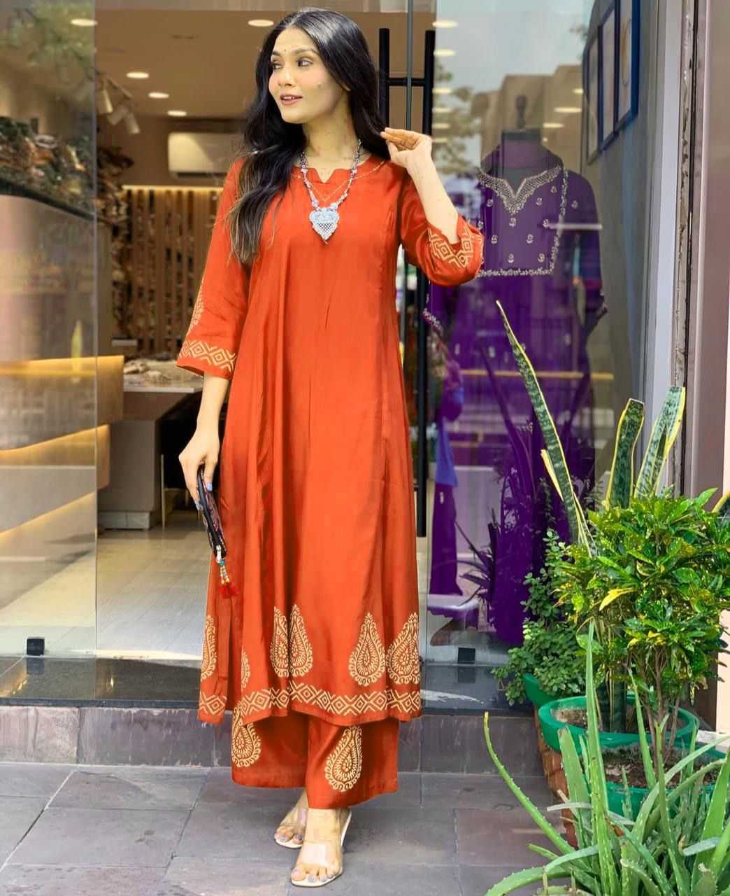 Ynf Rayon KESH175 DVF Orange butta Suits & Dresses Wholesale Ladies Suits Dresses Printed Dresses Manufacturer